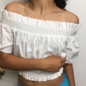 White Cropped Off The Shoulder Cinched Top